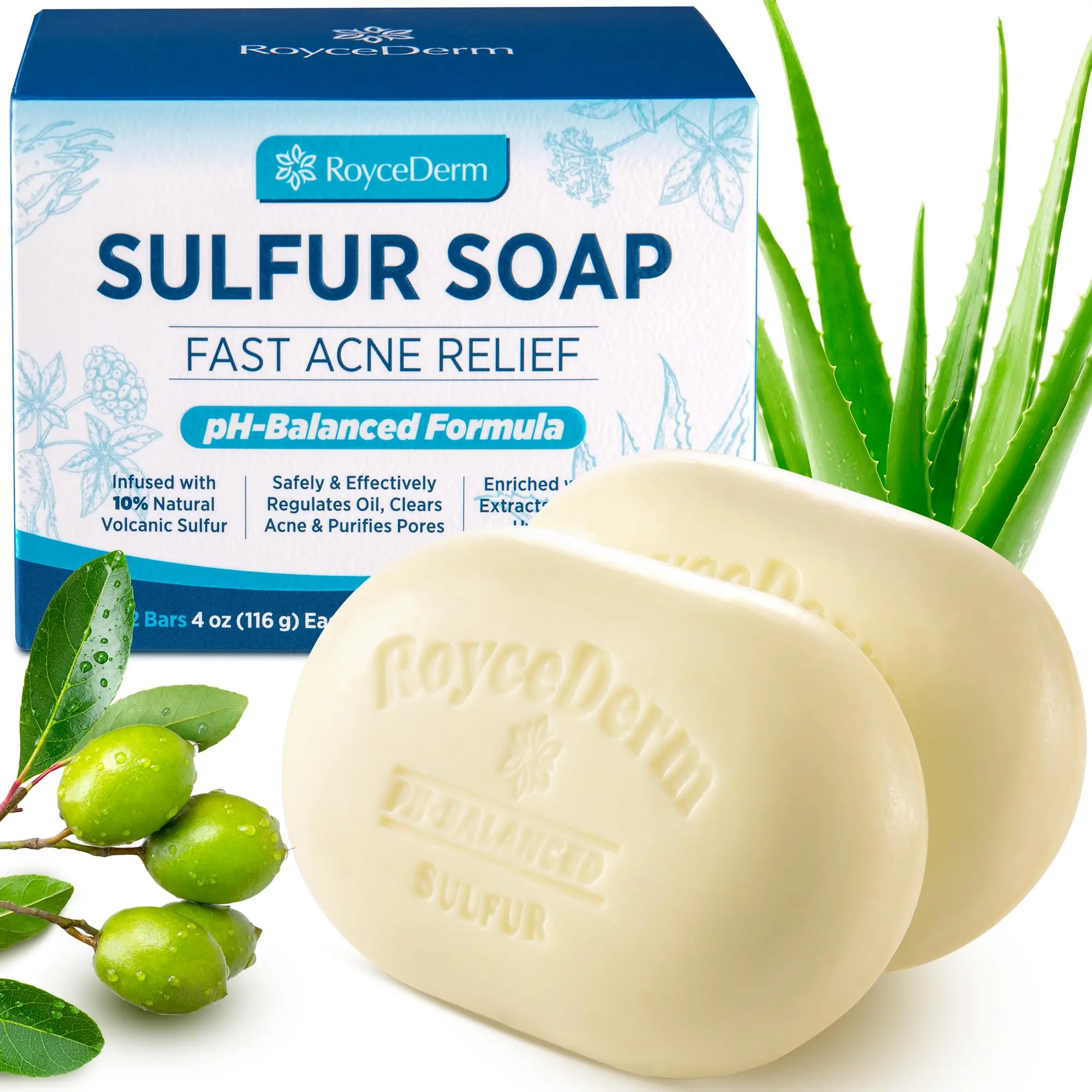 Roycederm Sulfur Soap (2 Bars, Boxed) - 10% Volcanic Sulfur Body-Safe Cleanser with Salicylic Acid, Tea Tree Oil, Aloe Glow, Olive Oil, Back Acne Relief, Sensitive Skin Repair Face & Body Wash, Body-Safe Soaps