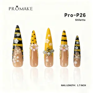Promake Bubble bee  - Luxury Handmade Press on Nails- XS-XS size - Reusable Press on Nails Nail Stickers Instant - Cute Bee & Flower - Unique Design Nails Salon-Quality Nails -