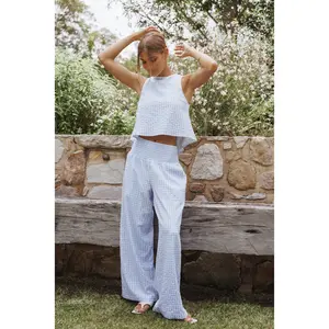 Jillian Smocked Pant Set - Blue Gingham