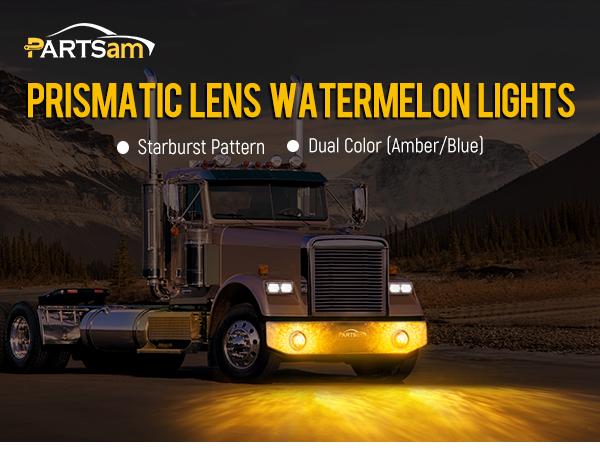 Partsam Watermelon Lights 2Pcs Dual Color Amber Blue LED Marker Turn Auxiliary Lights Prismatic Lens Chrome Base Replacement for Peterbilt Freightliner Trucks Trailers RVs Motohomes