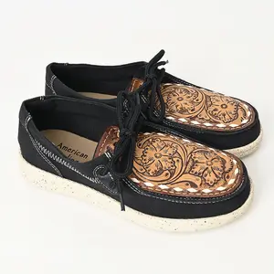 American Darling Hand tooled, carved genuine leather trim lightweight shoe footwear, slip on| Tooled Footwear