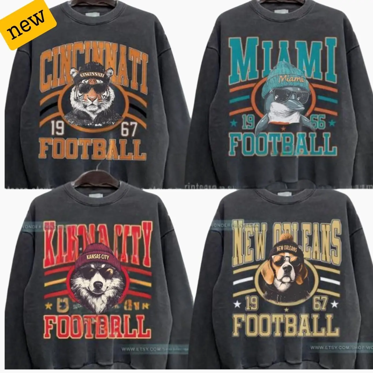New Retro Style Varsity ALL TEAM FOOTBALL Crewneck Sweatshirt - Gildan DARK HEATHER, Long Sleeve, Medium Clothing Length - Spirit Animal Football, Sports Home Town, Menswear 8S