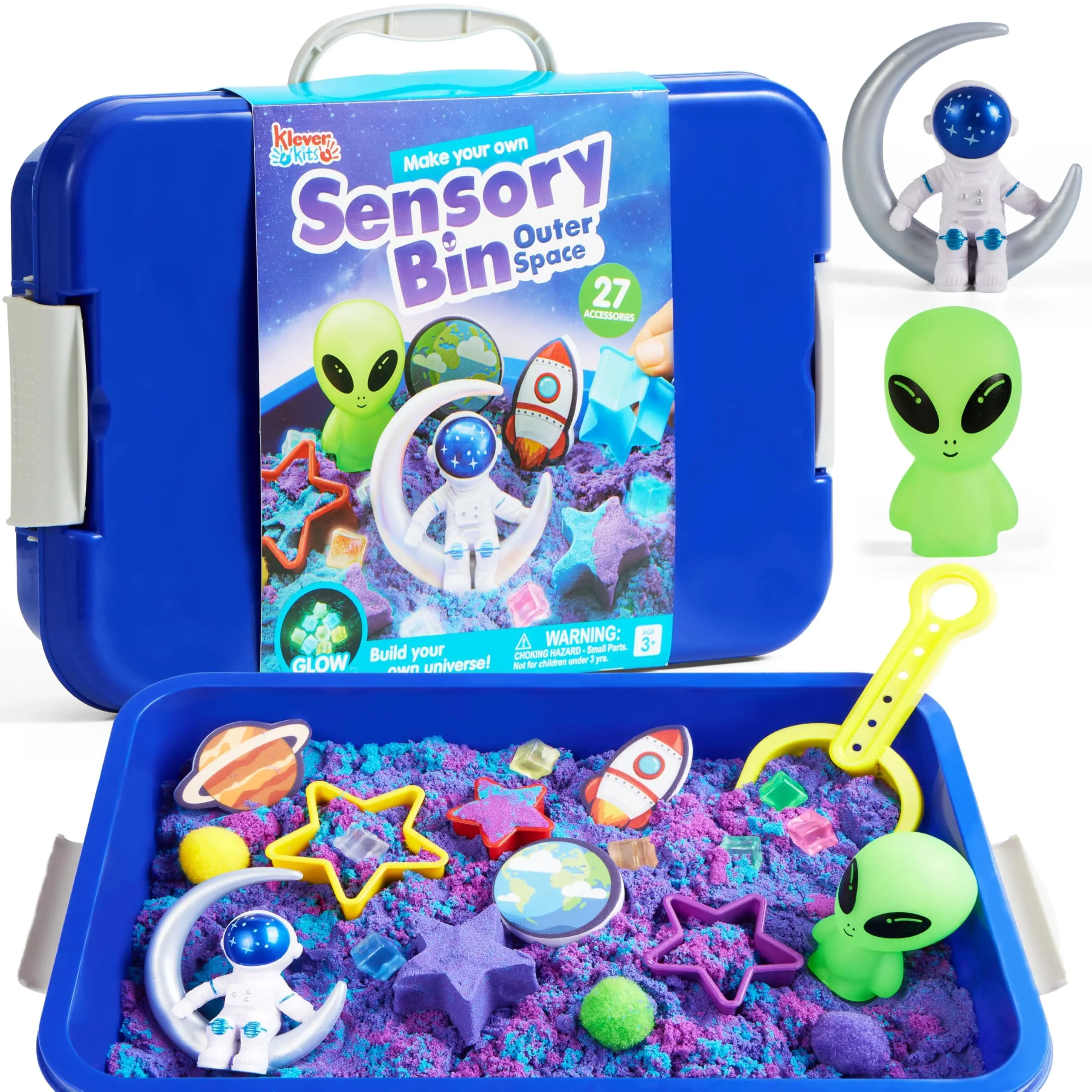 JOVA Klever Kits Outer Space Sensory Bin for Toddlers with Glow in The Dark Alien and Rocks, Sandbox with Lid Dual-Color Sand, Preschool Learning Activities Gifts for Boys Girls Age 3+