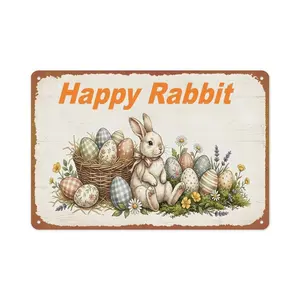 Happy Easter Bunny Metal Aluminum Tin Signs Vintage Happy Rabbit Wall Decor Funny Kitchen Sign Retro Room Decor Spring Floral Rabbit Vintage Wall Art Poster for Home Office Cubicle 12X8 Inch