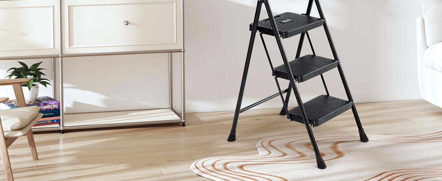 【Deal】Sweet Furniture S - Step Ladder, Foldable Stool with Wide Pedal, Cushioned Handle, 800lbs Capacity for Home Kitchen and Outdoor, Black