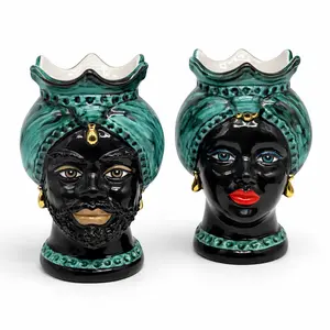 Pair of Moor's Heads Luis Caltagirone Ceramic H.22 W.15 cm Handcrafted Smooth Turban Green Black Gold