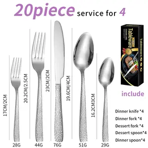 20pcs Cutlery Set Silvery Hammer Pattern Design Western Cutlery Knife, Fork, Spoon Suitable for Home Use, Weddings, Restaurants and Hotels - Dishwasher Safety - Recommended Halloween And Christmas