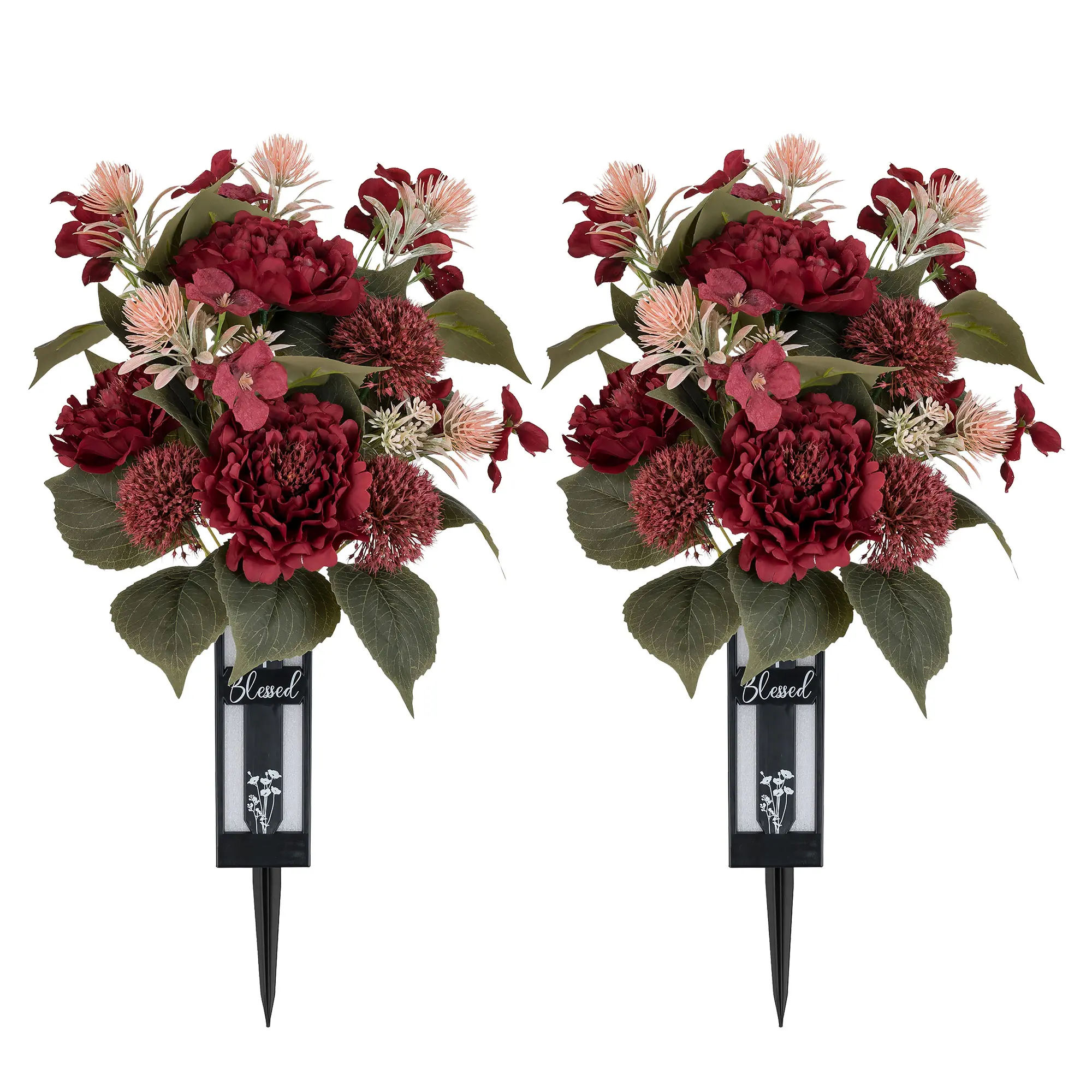 Cemetery Flowers for Grave: 2 Pcs Grave Flower Bouquets for Cemetery Decorations Spring Summer Outdoor Gravesite Flowers with Vase Peony Camellia,dorm decor,dorm room decor