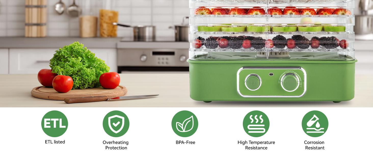 Pukomc Premium 5-Layer Food Dehydrator – AS-Grade BPA-Free Trays, Easy One-Touch Operation for Healthier Snacks (Eco-Friendly Green) Fruit Dryer Home Appliances Ice Cubes Maker