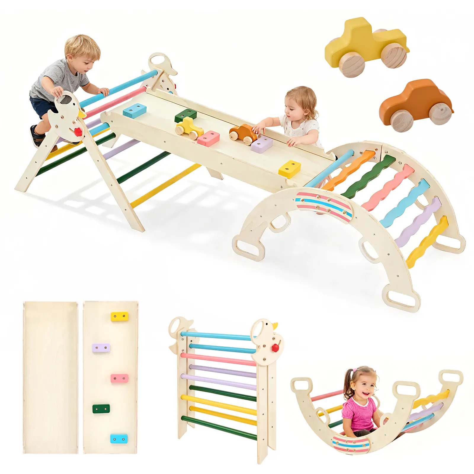 9-in-1 Multifunction Wooden Montessori Toddler Climbing Slide Set - Portable Indoor Rainbow Slide Play Structure with Arch, Ramp, Ladder, Foldable Playroom Equipment, Toddler Slide Set