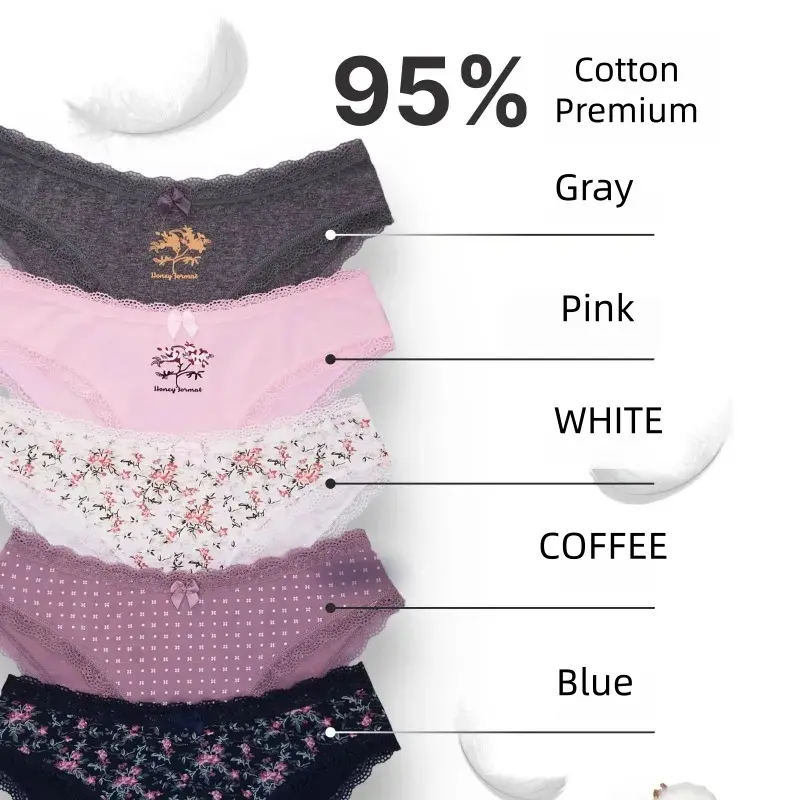 Women's 5-Pack Cotton-Lace Trim Low Waist Briefs, Lightweight Breathable Spandex Blend, Floral Print Lady's Everyday Wear Underwear, Flower, Cotton Underwear
