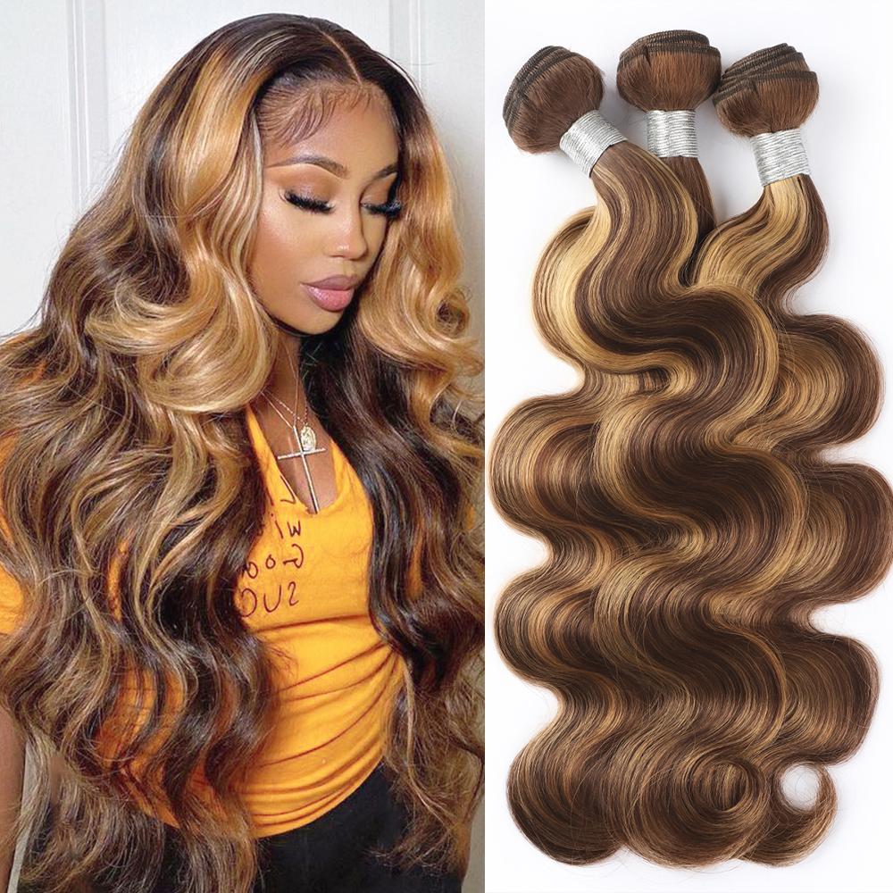 Highlight Honey Blonde Hair with Closure Brazilian Body Wave Human Hair 3 Bundles with 4x4 Lace Closure P4/27