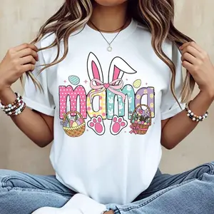 Easter Bunny Mama T-Shirt, White Easter Bunny Ears Basket And Paw Prints Mom Design For Spring Celebration