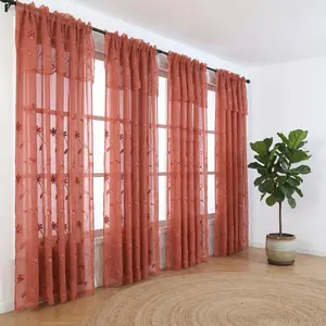 Summer Vibes, 52x84 Inch 4pcs Double Layer Embroidered Jacquard Valance Sheer Curtains for Living Room Bedroom Linen Sheer Curtains, Rod Pocket Luxury Black Out Curtains for Windows Apartment FT6050