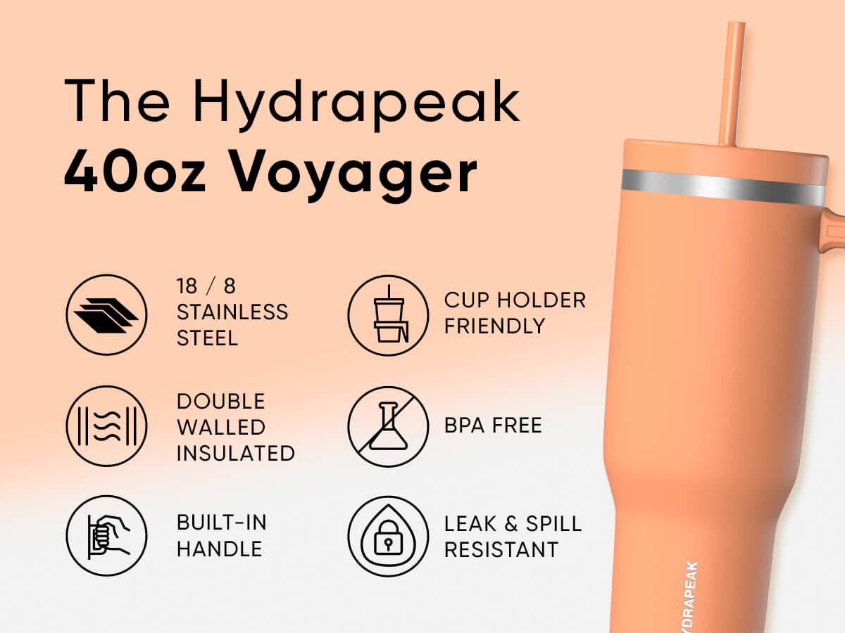 HYDRAPEAK Voyager 40oz Stainless Steel Tumbler with Handle, Insulated Water Bottle with Straw & Lid, Reusable Travel Mug Flask - Containers