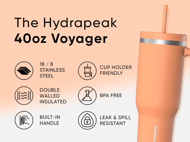 HYDRAPEAK Voyager 40oz Stainless Steel Tumbler with Handle, Insulated Water Bottle with Straw & Lid, Reusable Travel Mug Flask - Containers