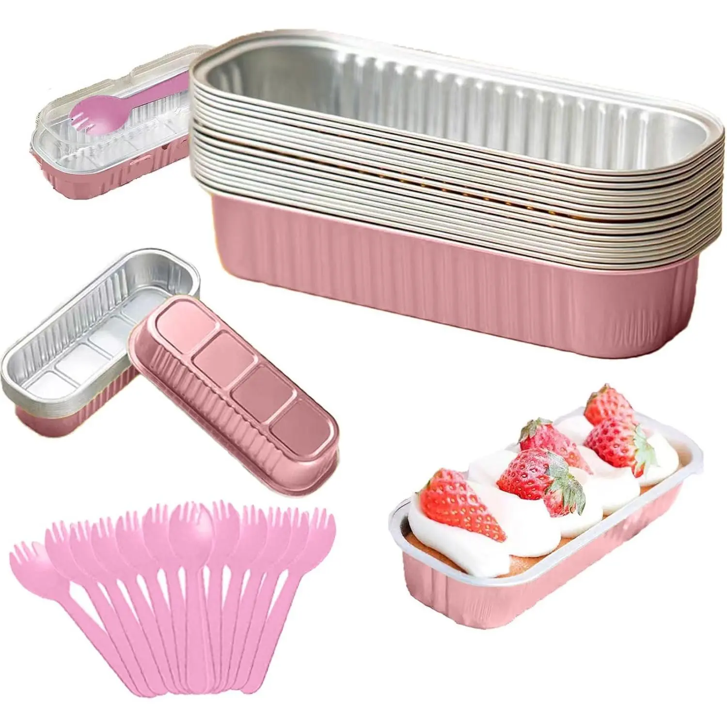 12Pack Mini Loaf Pans with Lids and Spoons, 6.8oz Disposable Rectangle Aluminum Foil Oven Cake Container, Baking Bread Muffin Dessert Tins for Family Gatherings and Picnics (Pink)