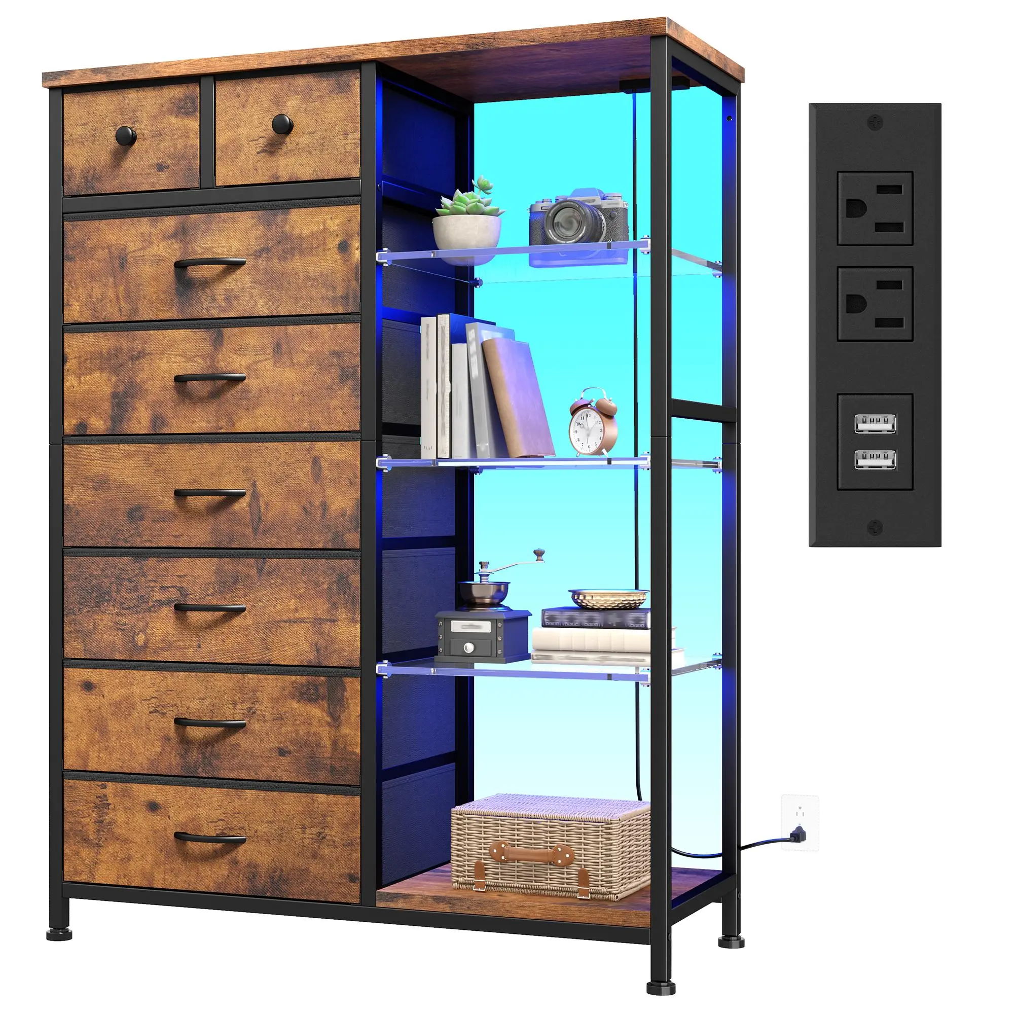Raybee 54" H Dresser for Bedroom with LED Lights & Power Outlets, 8 Drawer Fabric Dresser Chest with Metal Frame and Acrylic Plates, Large Storage Tower for Closet, Entryway, Nursery, Dorm Room, Sturdy Cabinet Organizer Unit with Charging Station