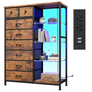 Raybee 54" H Dresser for Bedroom with LED Lights & Power Outlets, 8 Drawer Fabric Dresser Chest with Metal Frame and Acrylic Plates, Large Storage Tower for Closet, Entryway, Nursery, Dorm Room, Sturdy Cabinet Organizer Unit with Charging Station