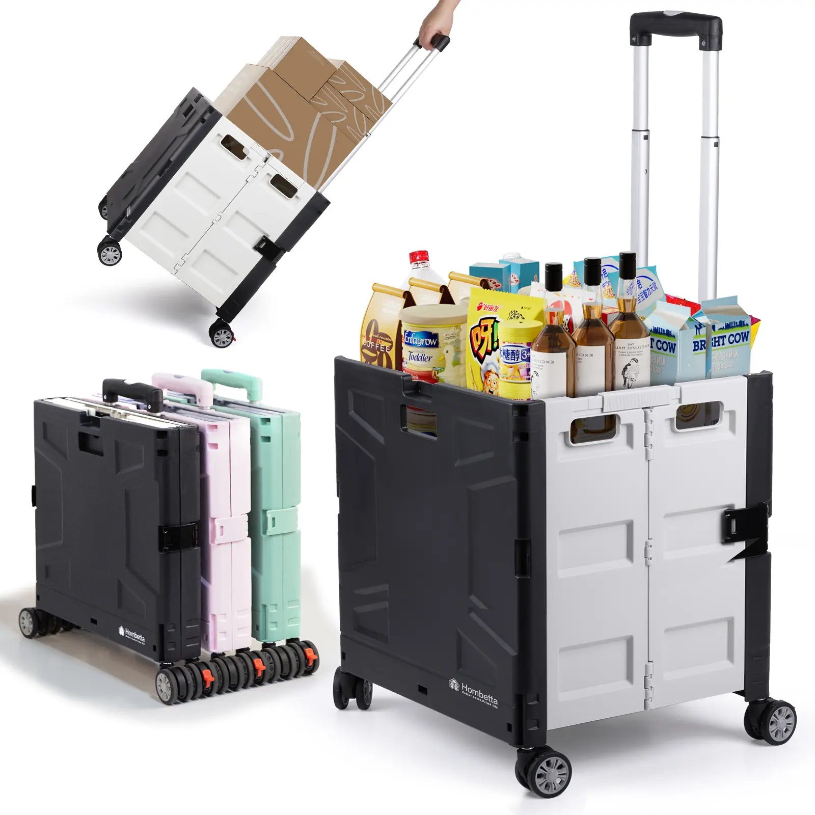 Hombetta Black Portable Convenience Cart, Foldable Rolling Cart with Lid & Wheels, Space Saving Storage Cart, 165 Pound Capacity Utility Cart for Shopping, Grocery Runs & Car Trunk Storage Adjustable Lid Organizer