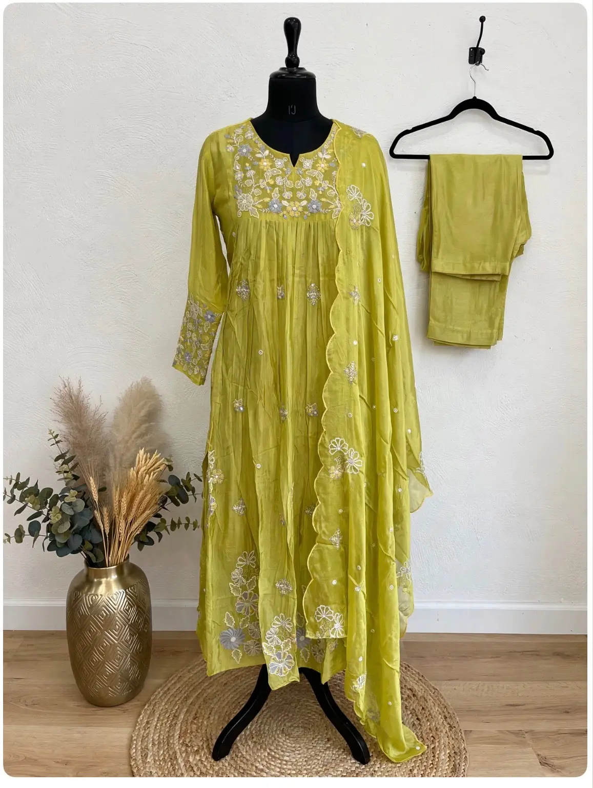 Lime Green Chinon Embroidered Anarkali Set