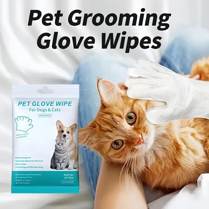 Pet Glove Wipes - Hypoallergenic Disposable No-Rinse Grooming Wipes for Dogs & Cats - Comfortable and Hygienic Grooming Solution