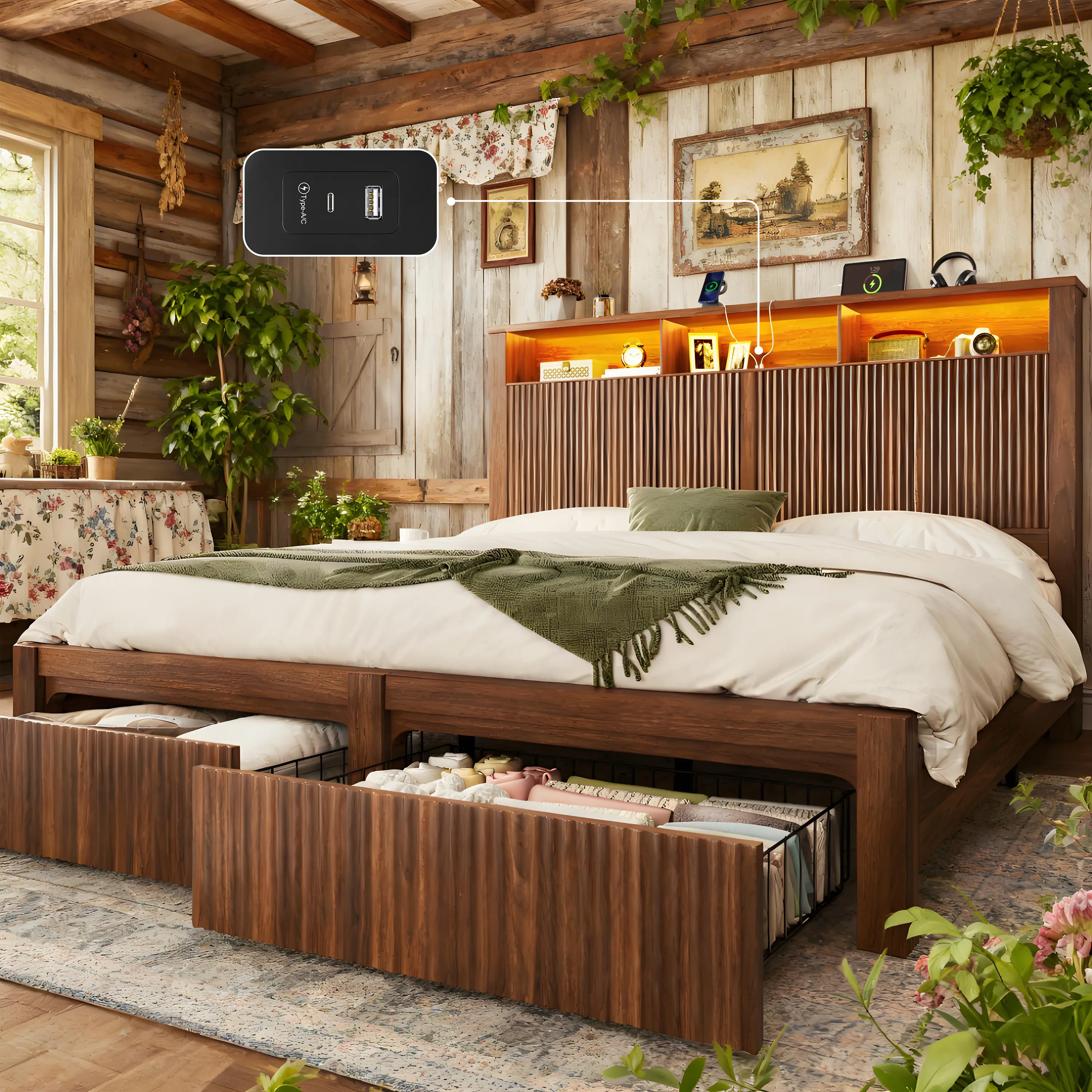 TryLazy Farmhouse Wooden Bed Frame with 2 Storage Drawers, LED Bed Frame with 46" Tall Bookcase Headboard, Wood Platform Bed with Charging Station, Noise-Free, No Box Spring Required, Easy Assembly