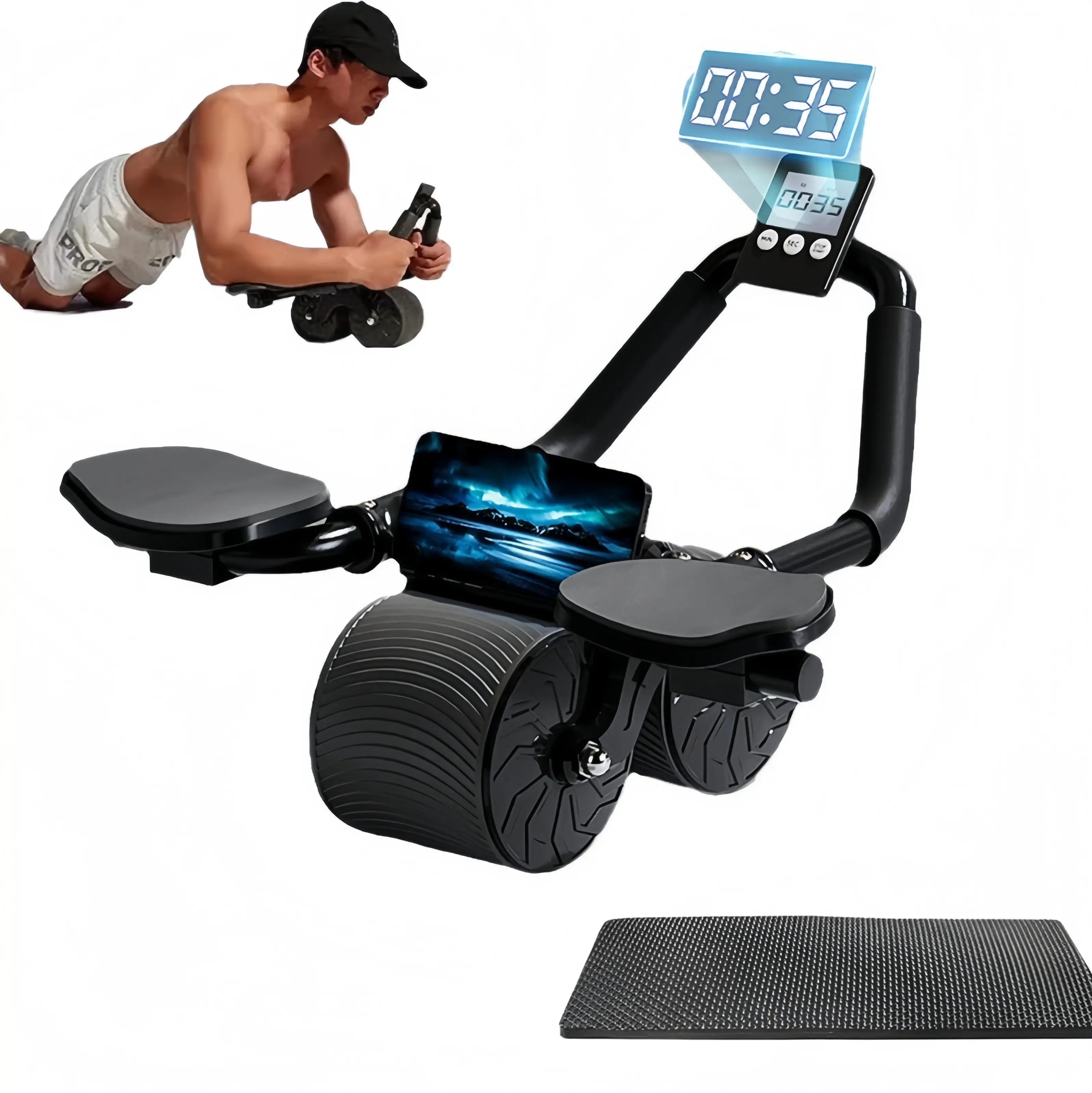 Abdominal roller trainer, designed for core training, equipped with a digital timer and a phone holder. Suitable for home fitness. It features an intelligent bouncing double-wheel design, is environmentally friendly, and is an all-in-one training device.