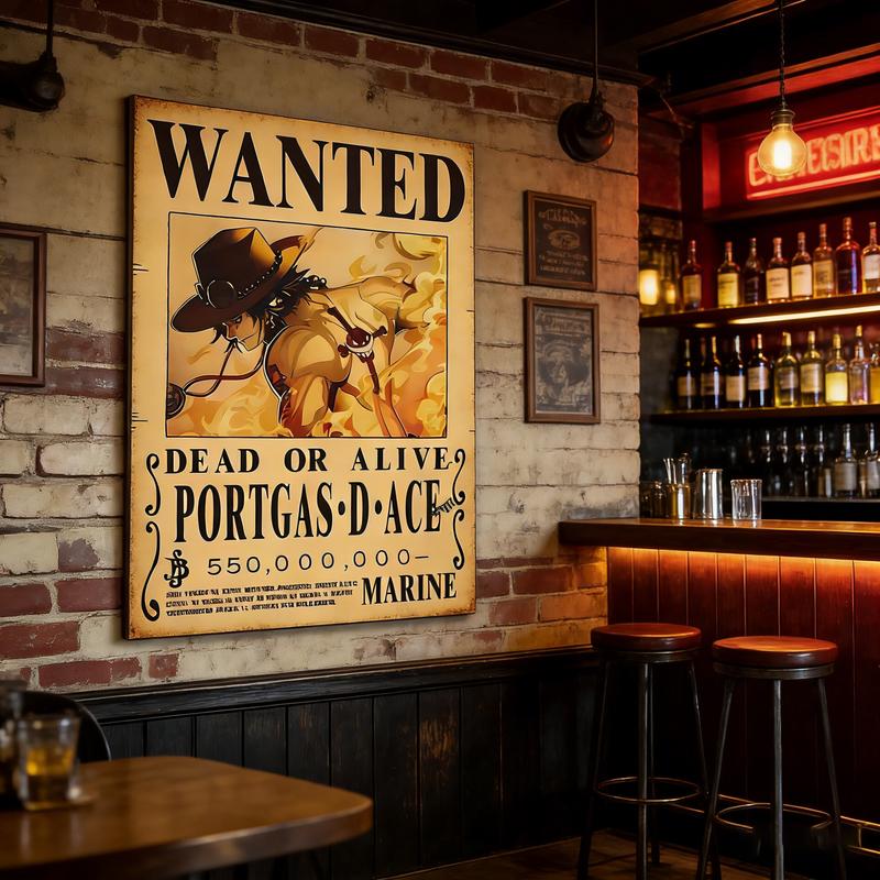 "Fire Fist Ace" popular Japanese anime One Piece wanted poster canvas art print, featuring high-quality dynamic artwork. This urban-style wall decor is perfect for bedrooms, studies, and studios, with the cartoon image printed on canvas.