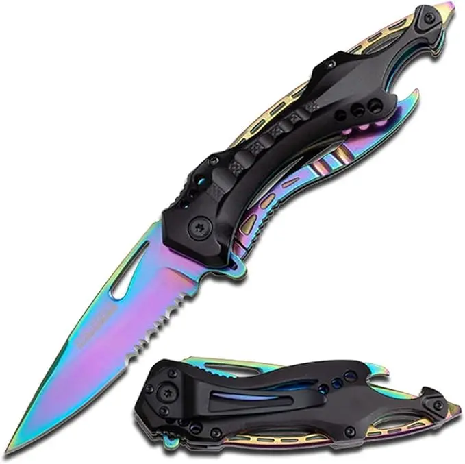 Tac-Force TF-705RB Folding Pocket Knife - Survival Hand Tool, 3.25-in Serrated Blade, Black Aluminum Handle, 7.75-in Overall Length for Camping & Hiking