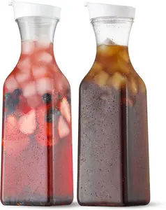 Plastic Bottle 50 Oz Water Bottle with Flip Top Lid, Set of 2 Square Base Juice Containers, Clear Plastic Pitcher - for Water, Iced Tea, Juice, Beverage, Cold Brew and Mimosa Bar - HAND WASH ONLY