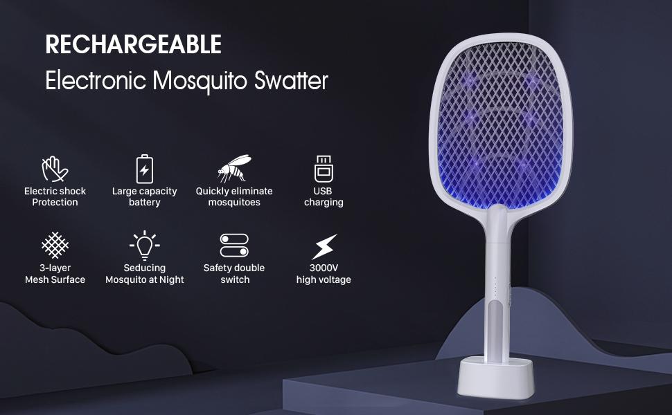3000V USB Rechargeable Electric Fly Swatter & Bug Zapper with 1200mAh Battery, 3-Layer Safety Mesh,physical Insecticide Without Chemical Pollution, Purple UV Light for Indoor & Outdoor Use - Essential for Home, Backyard, and Camping