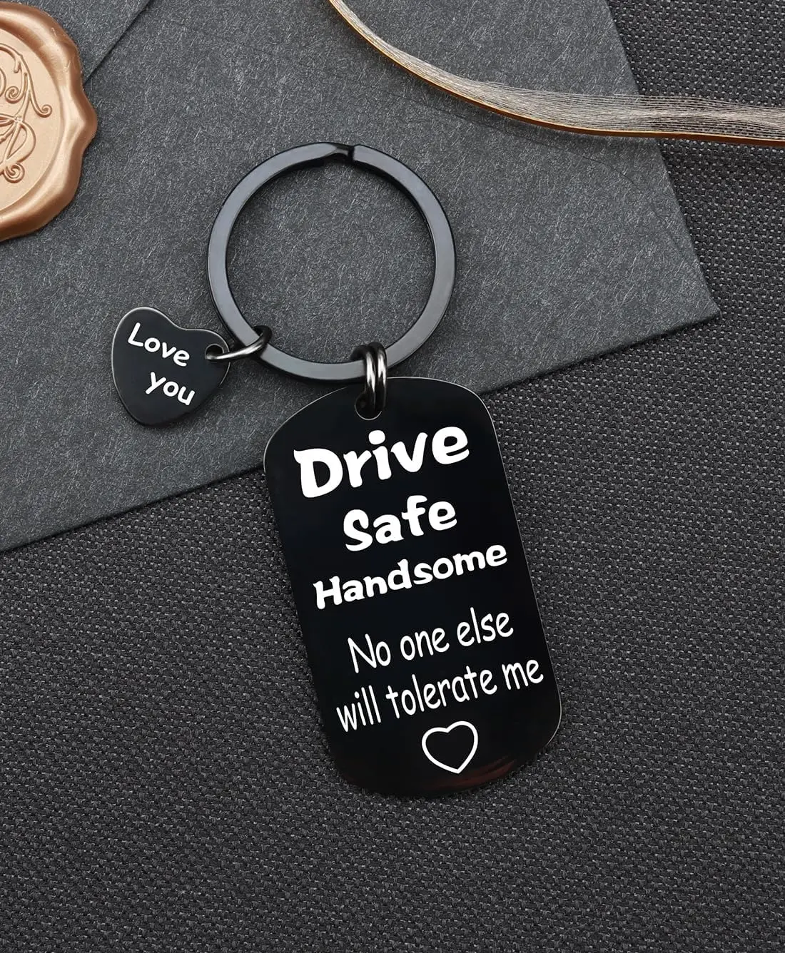 "Drive Safe Handsome" Engraved Keychain | Stainless Steel Dog Tag (1.97x1.1in) with "No One Else Will Tolerate Me" Phrase & Love You Heart Charm | Durable Black Plated | Perfect Gift for Boyfriend/Husband, Drivers to Show Love & Sweet Humor