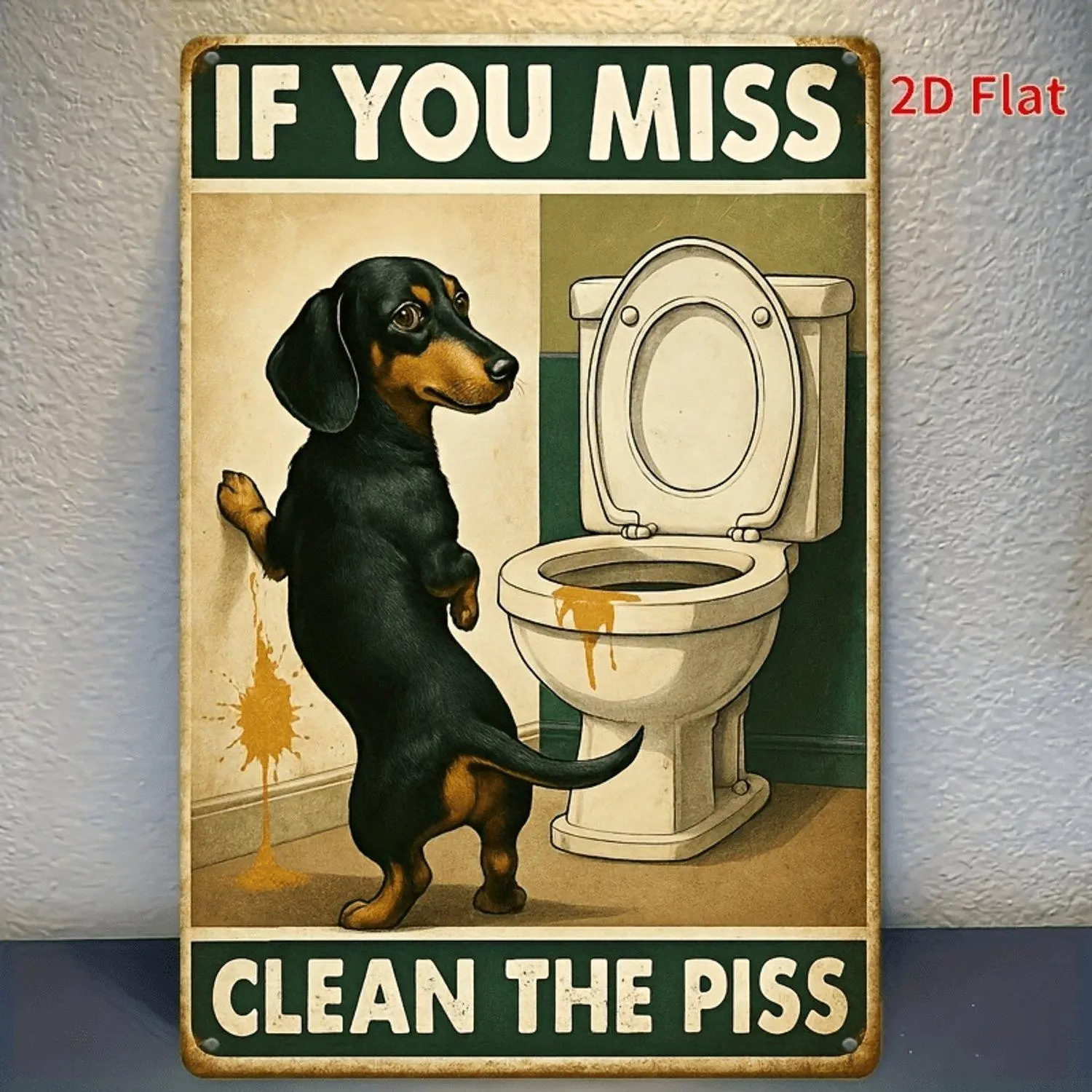 Vintage 8x12 in Animal Metal Wall Art - PVC-Backed Humorous Cartoon Dog Decor with 'If Missed, Please Clean Up The Urine' Phrase, Rustic Durable Bathroom Home Accent