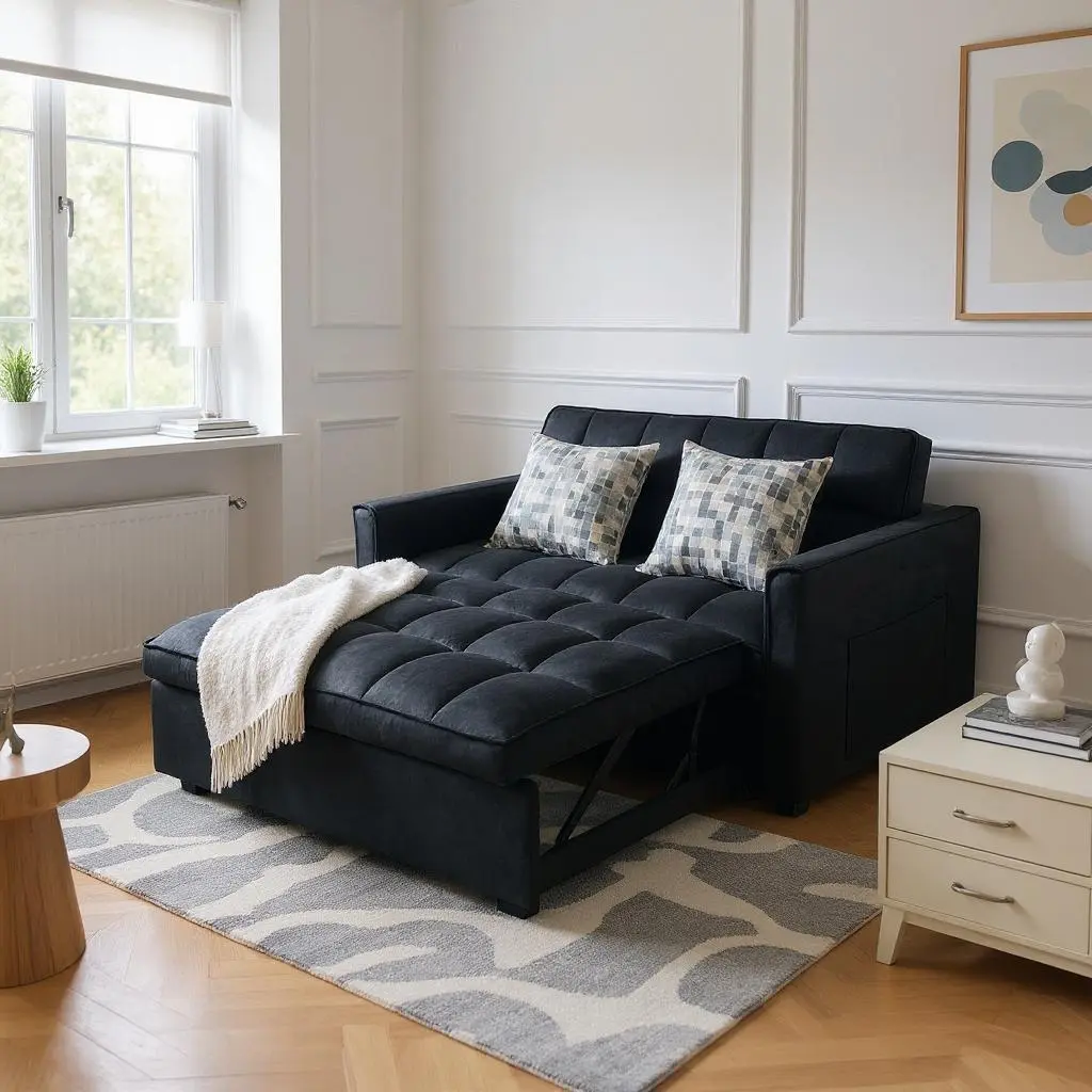 Foldable sofa bed, pull-out sofa, modern twin sofa bed, equipped with adjustable backrest and side storage pockets, suitable for living rooms, velvet fabric