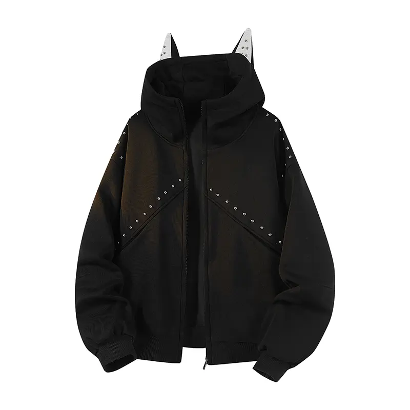 Men's Autumn Heather Grey Zip-Up Hooded Sweatshirt - Menswear Top with Unique Devil Horn Hood Decor, Diagonal Rivet Vent Panels, Ribbed Cuffs & Hem, Soft Knit Fabric, Patchwork Design for Street & Urban Outfits, Sweatshirts, Tops