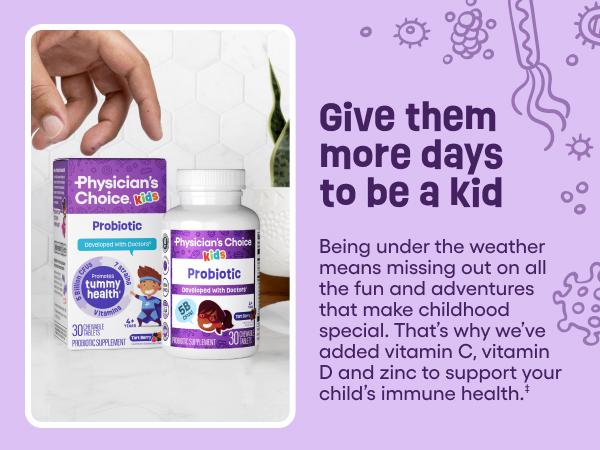 Physician's Choice Kids Probiotic with Zinc, Natural Vitamins, and Organic Prebiotics - Supports Digestive & Immune Health - Berry Flavored Chewable