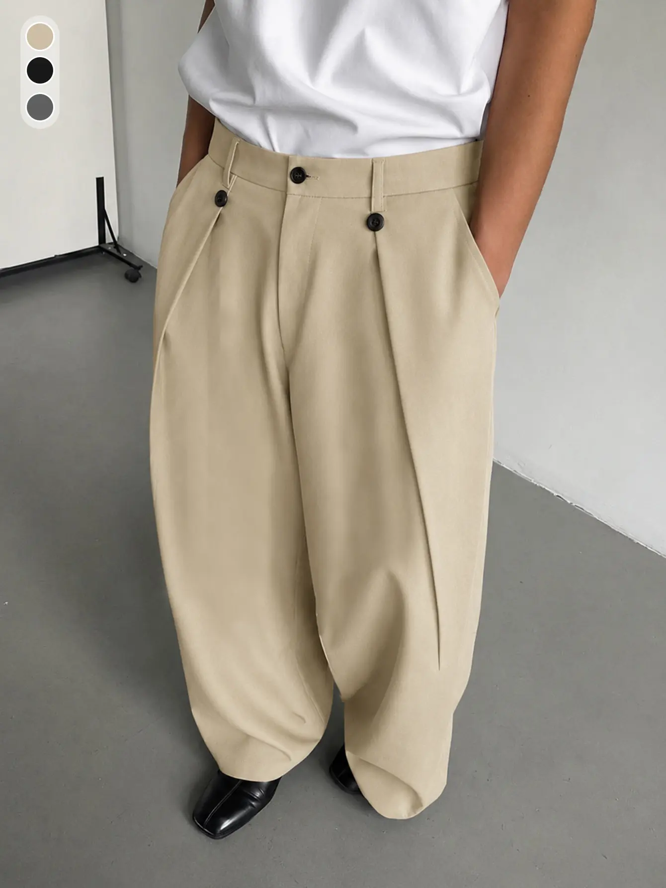 Khaki drape wide-leg trousers for men — versatile casual straight-leg long pants; men’s drape straight-leg casual trousers; everyday commuting versatile pants suitable for all seasons.