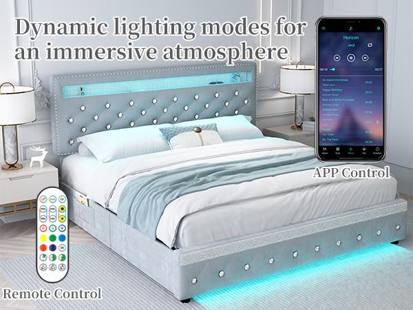 Sibeds Queen LED Bed Frame with 2 Storage Drawers, Adjustable Crystal Tufted Headboard, No Box Spring Needed, Upholstered in PU Leather or Velvet, Black/White/Beige/Gray