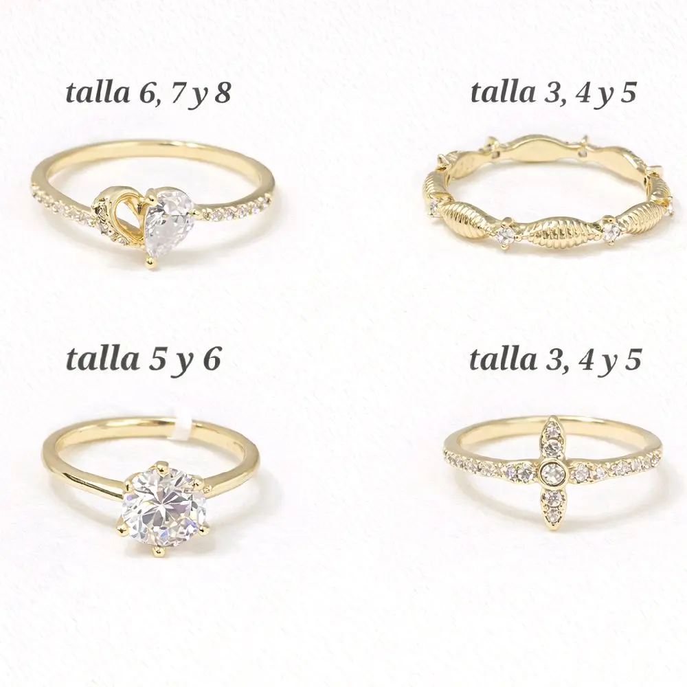 Variedad de anillos de tallas pequeñas. Tallas 3 4 5 6 7 and 8. Gold-Plated
