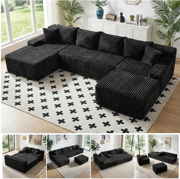 Winzoo Oversize 126" Ergonomic Cloud-Like Modular Sectional Couch - Soft & Durable Corduroy 6-Seater U-Shaped Sofa Bed for Gatherings, Movie Nights, High-Back Ottoman, High-Resilience Foam, Fully Assembled Grey Living Room Furniture (Easy Unboxing)
