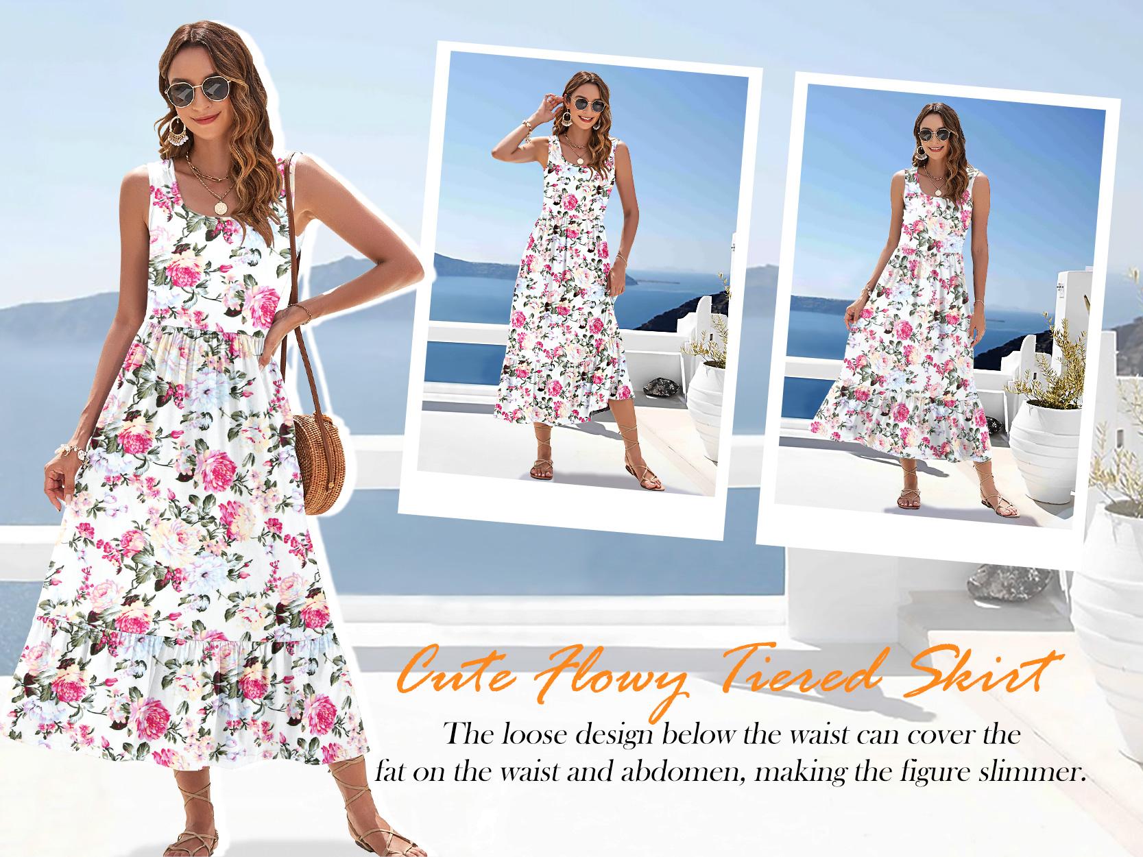 AUSELILY 2026 Womens Summer Dresses Sleeveless Maxi Dress Square Neck Casual Tiered Swing Dress with Pockets Summer Dress Sunshine Floral SpringStatements