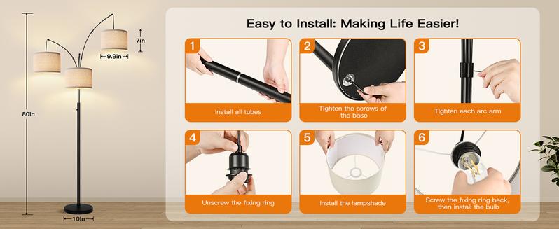 Hoodink Dimmable Floor Lamp - 3 Lights Arc Floor Lamps for Living Room, 1000LM Modern Tall Standing Lamp With Beige Shades & Heavy Base, Mid Century Tree Floor Lamp for Bedroom Office, 3 LED Bulbs Included