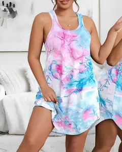 ChicMe Women's Plus Size Nightgowns Tie Dye Print U- Neck Sleeveless Nightdress Sleepwear