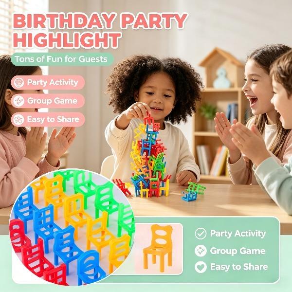 24pcs Colorful Mini Stacking Chair Balance Game Toys - Kids' Tabletop Toy for Concentration, Hand-Eye Coordination Training, Happy Birthday Party Gifts, Festive Supplies