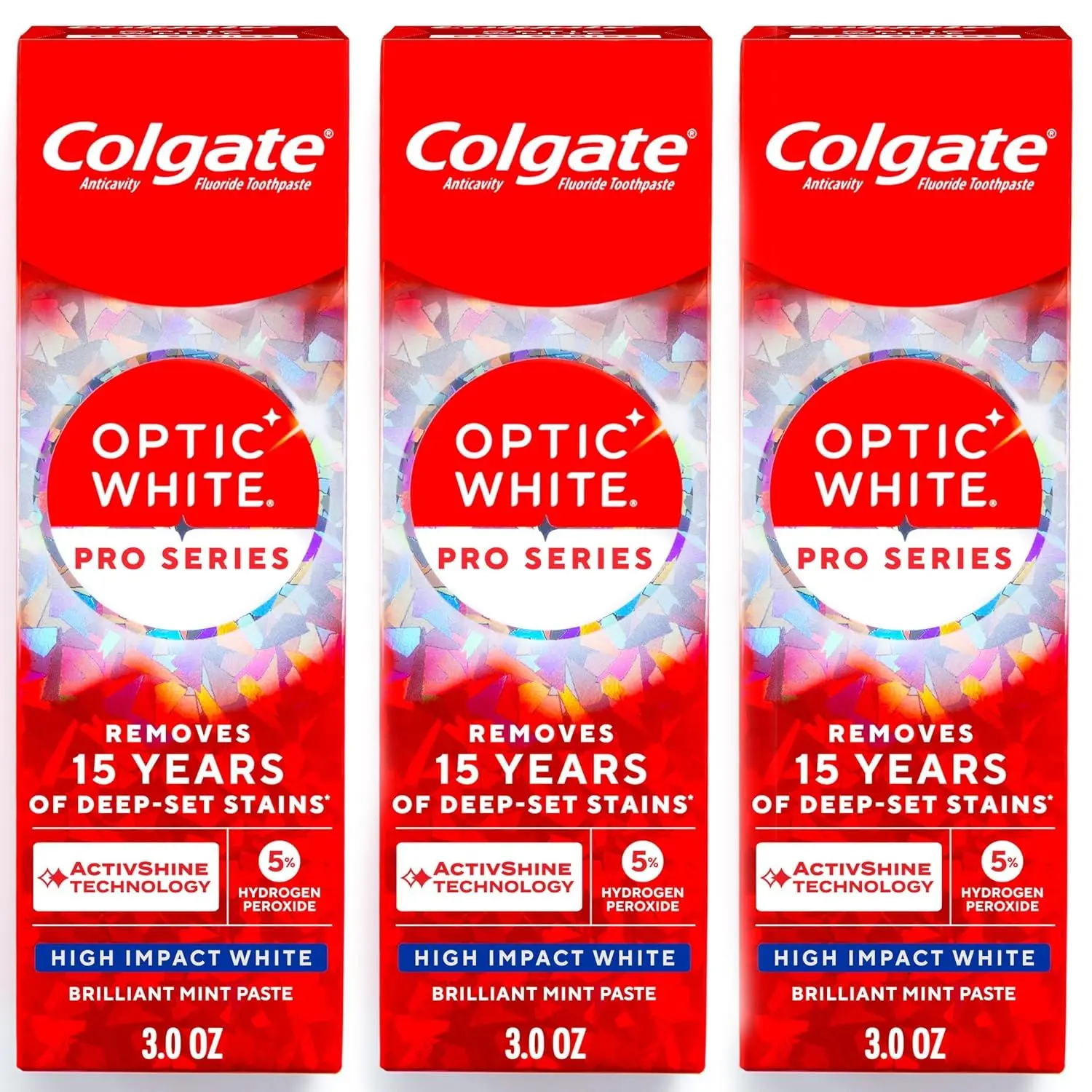 Colgate Optic White Pro Series High Impact White, 3 Pack, Teeth Whitening Toothpaste with 5% Hydrogen Peroxide and ActivShine, Brilliant Mint Flavor, 3.0 OZ – 3 Ounce (Pack of 3)