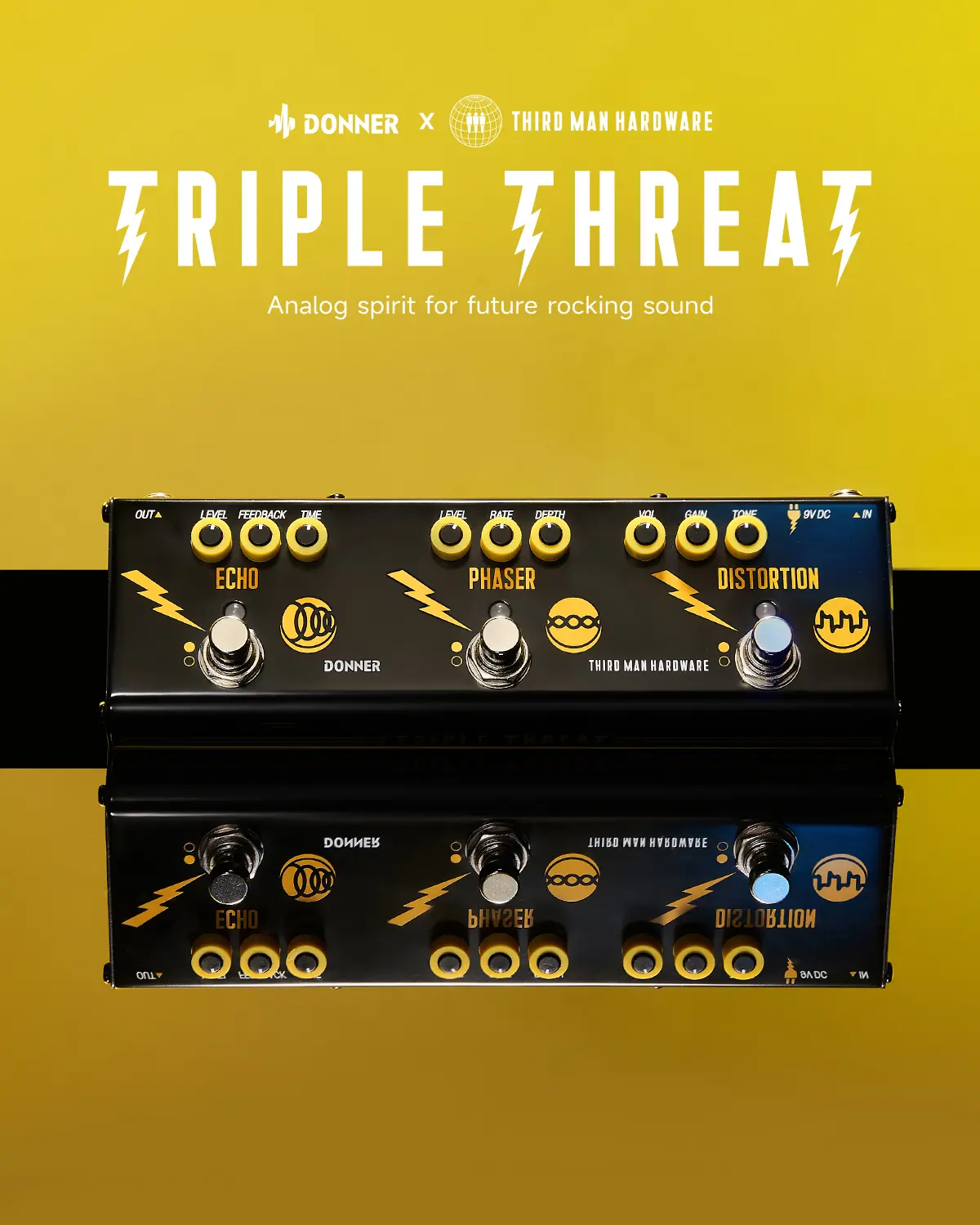 Donner X Third Man Hardware Triple Threat Adjustable 3-in-1 Analog Multi-Effects Pedal for Electronic Guitar, Aluminium Alloy Build, Classical Third Man Colourway, Shows Versatility for All Beginner and Advanced Musicians, 12.7 Ounces