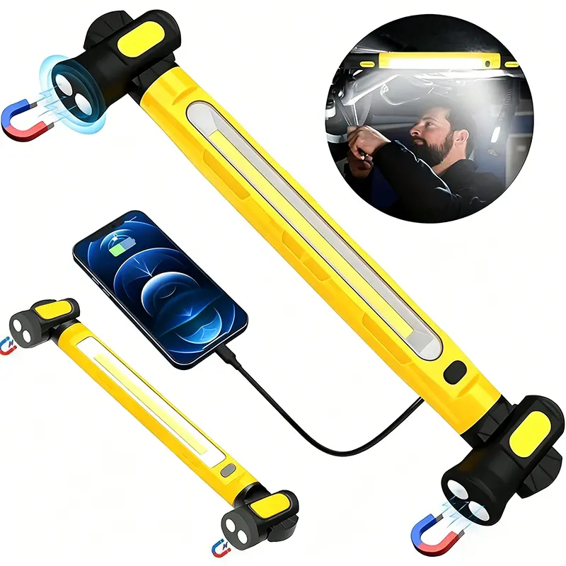 2026 New Under Hood Work Light Bar, LED Magnetic Light Bar with Hooks, Cordless Rechargeable Hood Light for Mechanic/Car Repairing/Garage-Black & Yellow