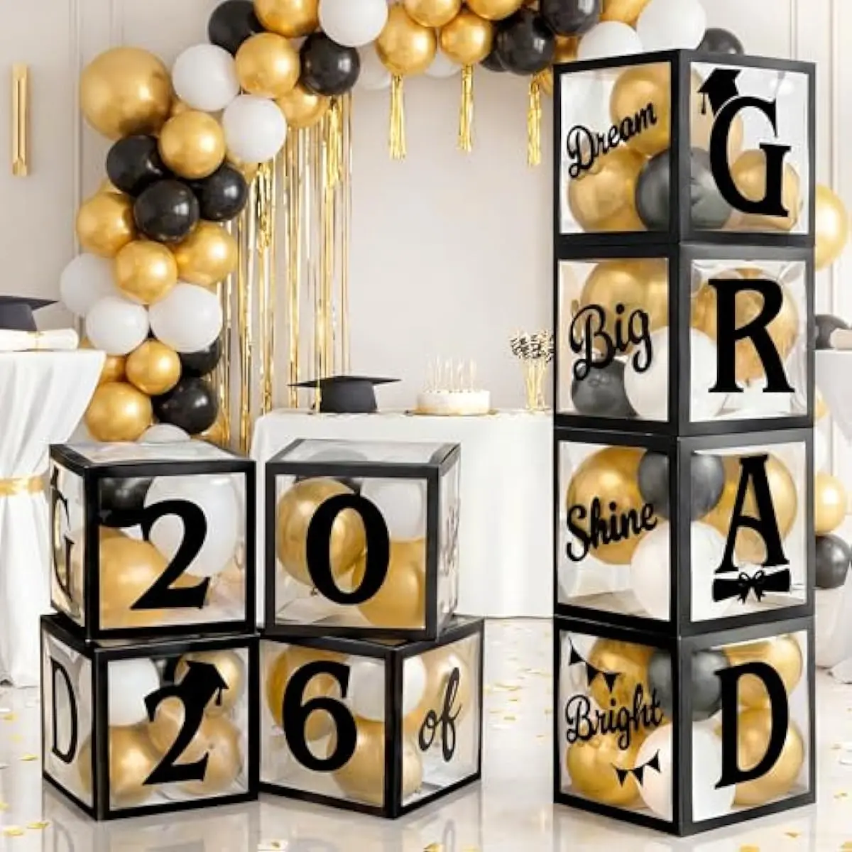 4 Pcs 2026 Graduation Balloon Boxes, Black & Gold Party Decorations with blessing Letters and 24 pcs Balloons for Graduation Celebration, Graduation Decor, Graduation Party Favors
