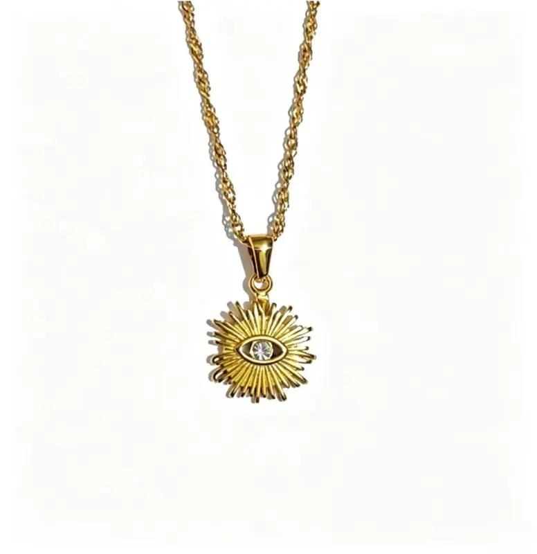 Women's Adjustable Length Round Evil Eye Sunburst Pendant Necklace - Customizable Stainless Steel, Hypoallergenic Twist Rope, Waterproof, Anti-Fade 2-Color, Glossy Metal Coating Spiritual Protection Lucky Amulet Party Gift, Adjustable Length Necklace